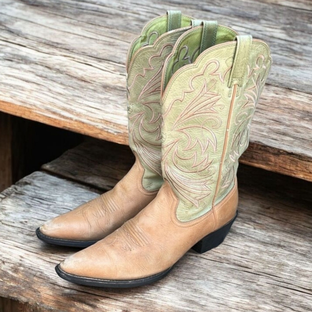 Ariat Tan Foot with Sage Green Embroidered Shaft Western Heeled Boots